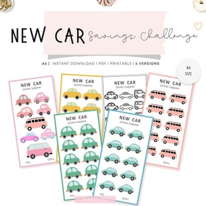 May include: Printable A6 size new car savings challenge tracker with six different versions. Each version features a different car design in various colors, including pink, yellow, green, and black.