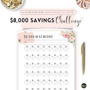 Floral Saving Challenge Printable, Save 8000 in 52 Weeks, Piggy Bank Money Saving Printable, Pdf, A4, A5, Letter, Half Letter
