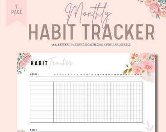 Monthly Habit Tracker Printable, Floral Planner Printable, Landscape, A4, US Letter