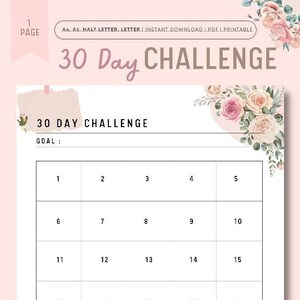 Floral 30 Tage Challenge druckbar, 30 Tage Challenge Tracker, ausfüllbarer Habit Tracker, Gewohnheit bilden, Ziele setzen, A4/A5/Letter/Half Letter