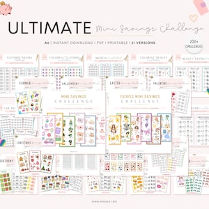 Può includere: Una collezione di mini sfide di risparmio stampabili in vari temi, tra cui abbigliamento, bellezza e festività. Il testo "ULTIMATE Mini Savings Challenge" è visualizzato in alto, con "A6 | INSTANT DOWNLOAD" sotto. L'immagine include un salvadanaio.