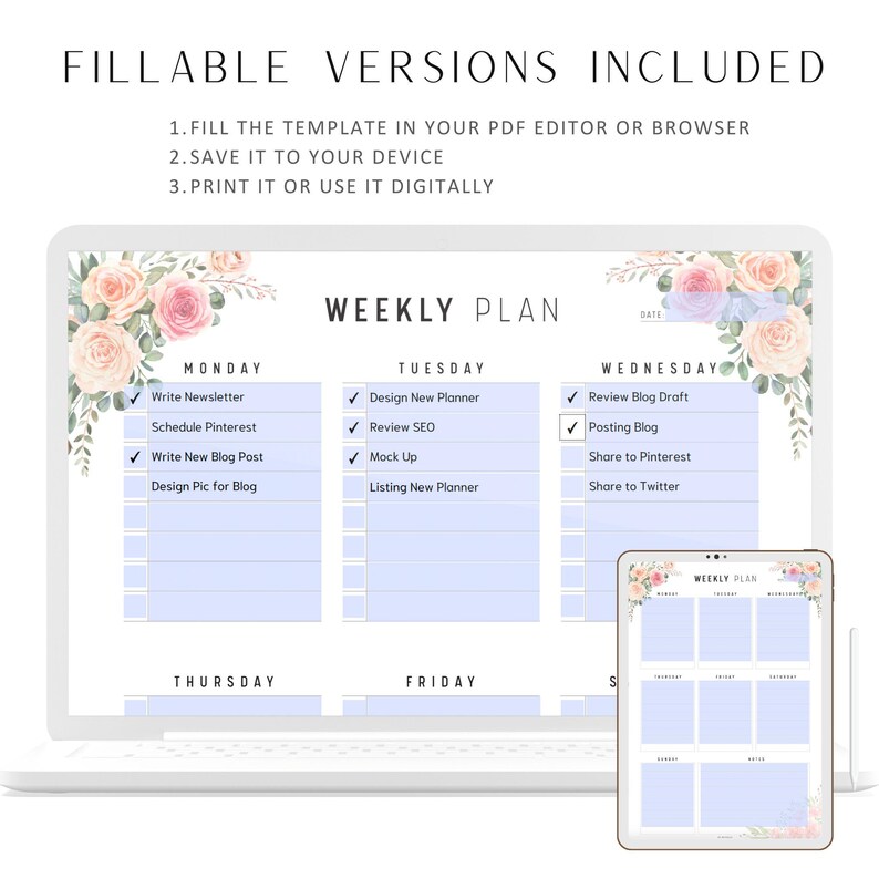 Floral Weekly Planner PRINTABLE: FILLABLE Schedule, 5 Colors, A4 A5 ...