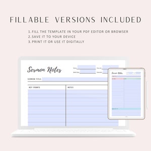 Sermon Notes Journal Printable, Personal Sermon Notes, Church Sermon Note Template, 2 Styles, PDF, A4, A5, Letter, Half Letter, Fillable versions