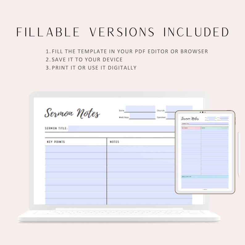 Sermon Notes Journal Printable, Personal Sermon Notes, Church Sermon Note Template, 2 Styles, PDF, A4, A5, Letter, Half Letter, Fillable versions