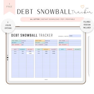 Plantilla de seguimiento de pago de deudas, seguimiento de deudas en forma de bola de nieve imprimible, seguimiento de progreso de deudas, seguimiento de pago de deudas, A4, carta, 2 colores, PDF