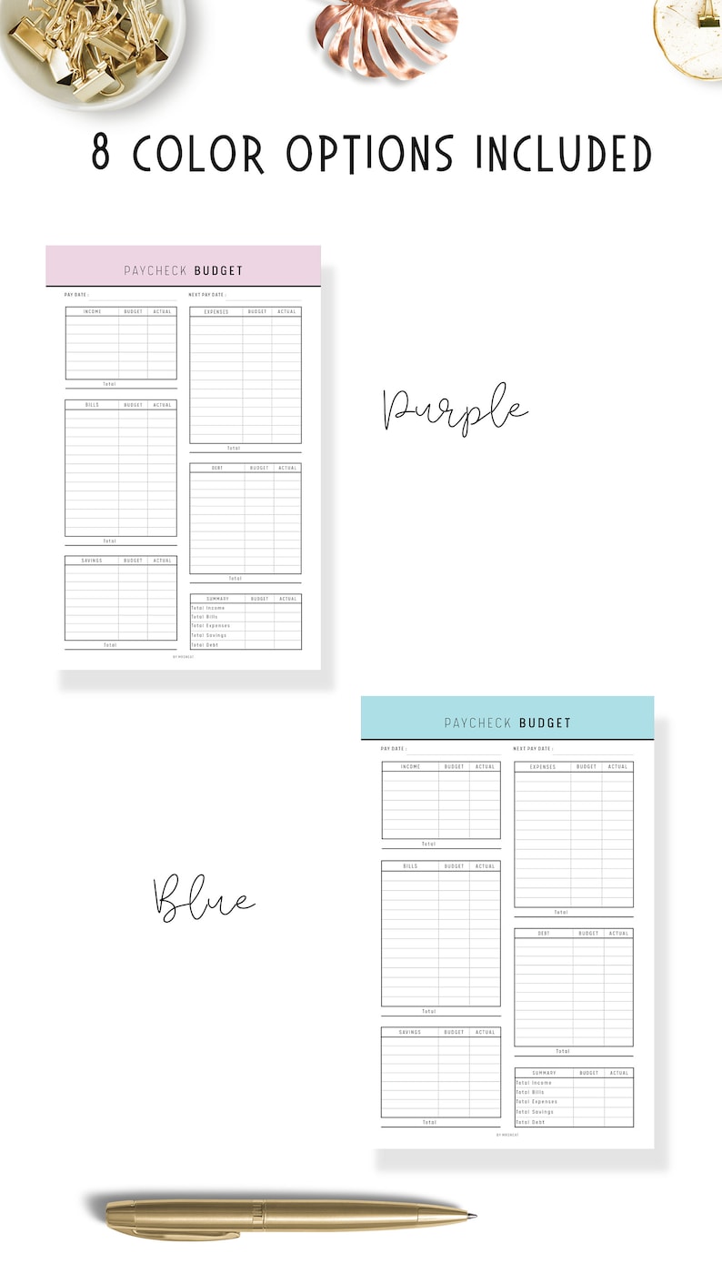 Paycheck Budget, Budget by Paycheck, Paycheck Template, Weekly Budget, Paycheck Planner, Paycheck Tracker, Bi Weekly Budget, 8 Colors, PDF