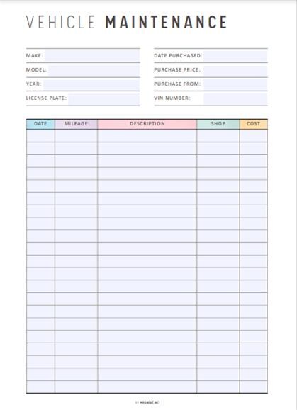 FILLABLE Vehicle Maintenance Log: Colorful Car Service Record PRINTABLE ...