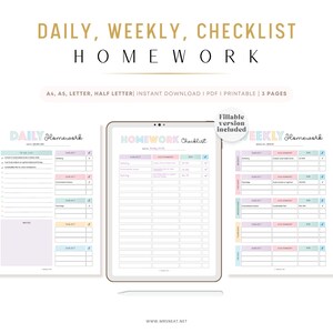 May include: Printable daily, weekly, and checklist homework planner templates. The templates are in pastel colors with a pink, blue, and yellow color scheme. The text "DAILY Homework", "WEEKLY Homework", and "HOMEWORK Checklist" is featured on the templates.