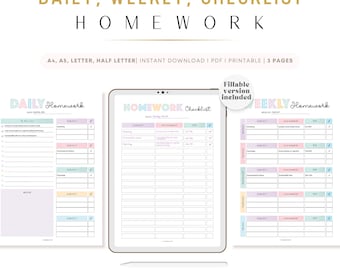 FILLABLE Homework Planner PRINTABLE: Student Assignment Checklist, 3 Pages (PDF Digital Download)