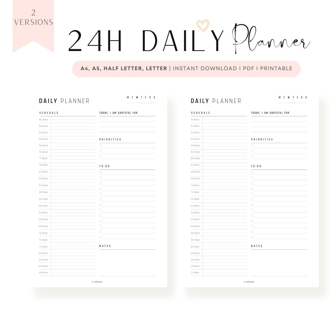 24 Hour Daily Planner Printable, A4, A5, Letter & Half Letter, PDF - Etsy