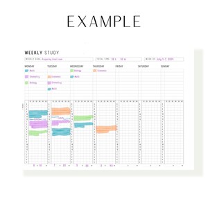 May include: A weekly study planner with a grid layout for scheduling study time. The planner includes a section for each day of the week, Monday through Sunday, and a total time section. The planner is filled with colored blocks representing different subjects, including Math, Chemistry, Biology, and Economics. The planner is titled "Weekly Study" and includes the text "Preparing Final Exam".