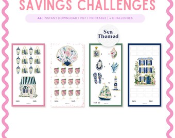 Set of Four Mini Savings Challenges Printable, A6, Sea Themed, Low Income Savings, PDF