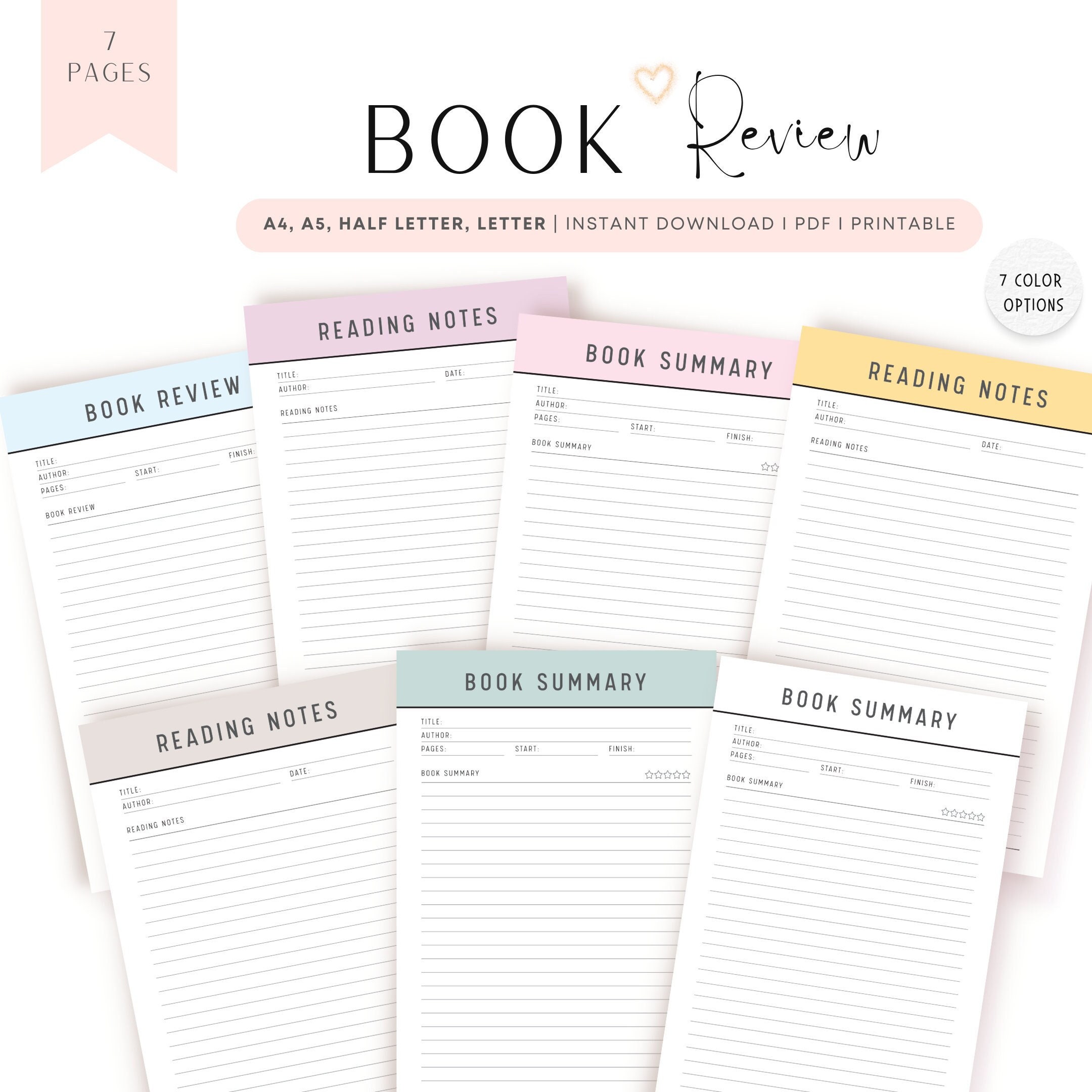 Book Review Template, Book Summary Printable, Reading Notes Pages ...