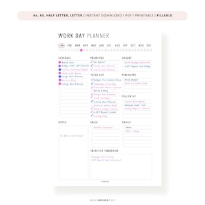 FILLABLE Work Day Planner PRINTABLE: Daily Organizer, A4 A5 Letter (PDF)