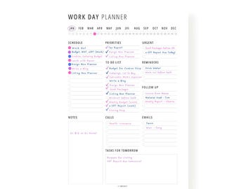 Puede incluir: Una página de planificador de jornada laboral imprimible con secciones para horario, prioridades, tareas urgentes, lista de tareas, recordatorios, seguimiento, notas, llamadas, correos electrónicos y tareas para mañana.