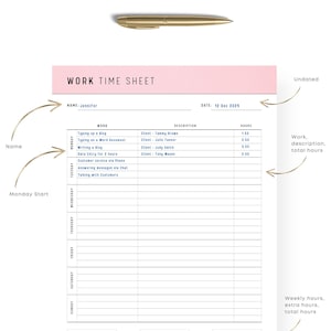 PRINTABLE Employee Time Sheet Template: Work Log, Time Tracker, 6 Colors, FILLABLE PDF