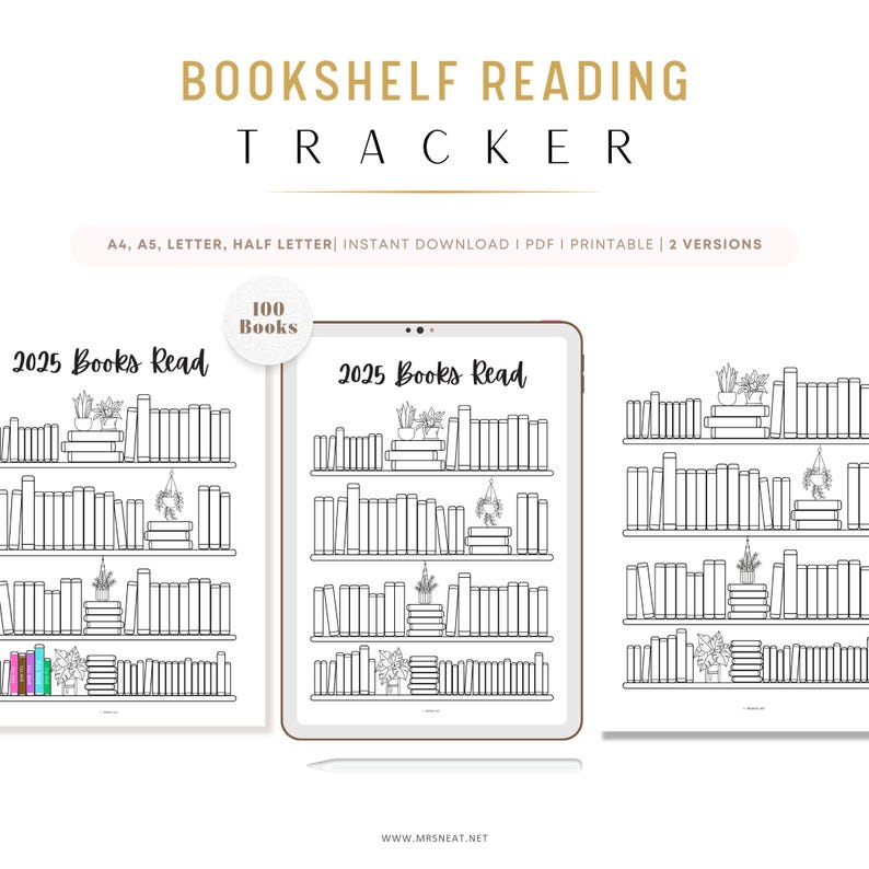 2025 Bookshelf Reading Tracker Printable, 100 Bookshelf Reading Log ...