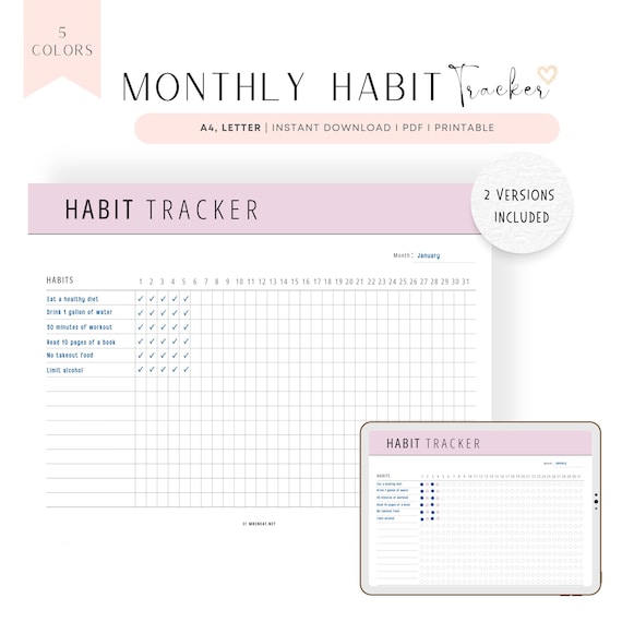 Monthly Habit Tracker PRINTABLE: A4, Letter, 5 Colors, FILLABLE PDF (Digital Download)