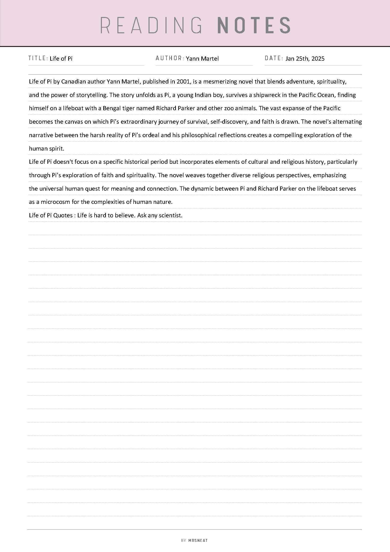 Etsy Printable Fillable Kind Notes.pdf FILLABLE Reading Notes Template: 5 Colors, Printable PDF (A4, A5 ...