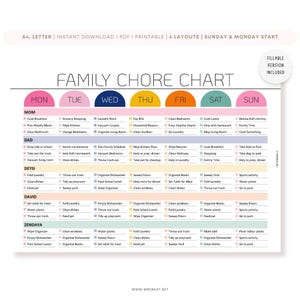 Puede incluir: Un cuadro de tareas familiares imprimible con un diseño colorido. El cuadro está dividido en siete días de la semana, con cada día asignado a un miembro diferente de la familia. El cuadro incluye una variedad de tareas, como cocinar, limpiar, lavar la ropa y trabajar en el jardín. El cuadro está diseñado para ayudar a las familias a mantenerse organizadas y al día con sus tareas.