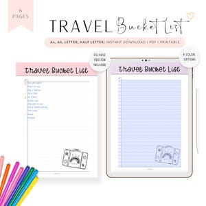 Modelo de lista de desejos de viagem para impressão, diário de lista de desejos preenchível, rastreador de lista de viagens, meta de viagem, 6 cores, A4, A5, carta, meia carta