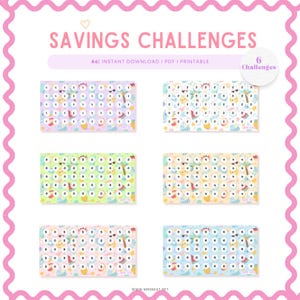 May include: A pink and white graphic with the text "SAVINGS CHALLENGES" and "A6 | INSTANT DOWNLOAD | PDF | PRINTABLE". Six colorful savings challenge charts are displayed, each with a different design and number sequence.