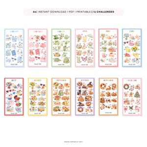 May include: A set of 12 printable A6 savings challenge cards featuring watercolour illustrations for each month of the year. Each card displays seasonal icons with currency amounts and the text Saved $30. The top header reads A6 | INSTANT DOWNLOAD | PDF | PRINTABLE | 12 CHALLENGES.
