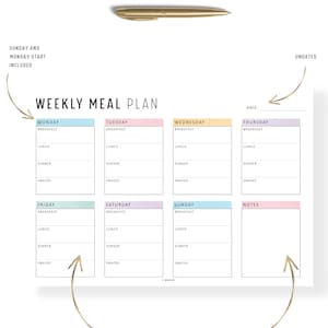 May include: A printable weekly meal planner with sections for breakfast, lunch, dinner, and snacks for each day of the week. The planner has a light blue, pink, yellow, and purple color scheme.