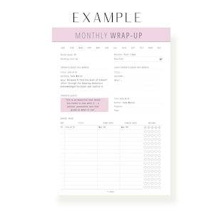May include: A monthly wrap-up reading log planner page with a pink header and accents. The form includes sections for books read, reading goals, favorite book, least favorite book, a favorite quote, and a table to track book titles and star ratings.