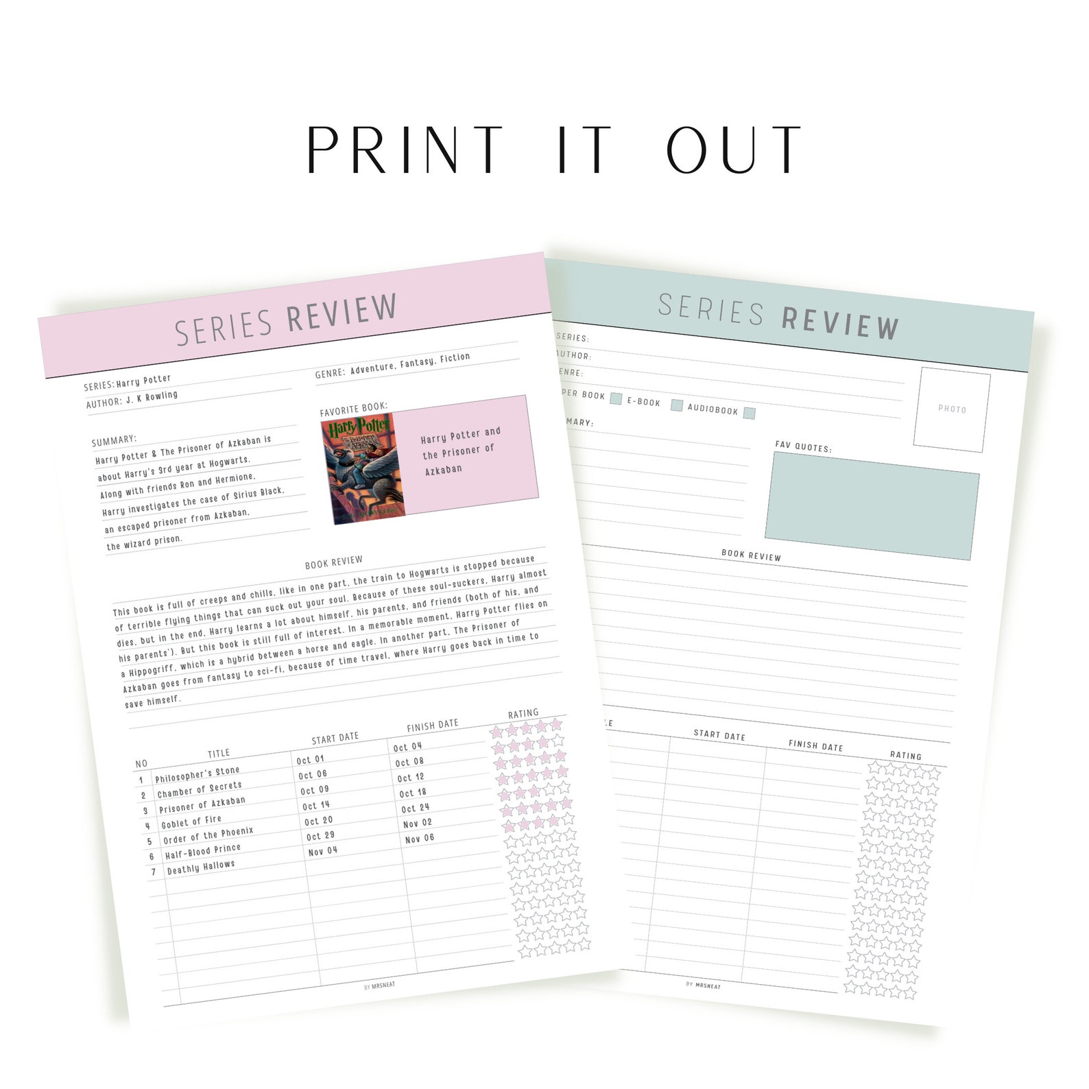 FILLABLE Book Series Review Template, PRINTABLE: 2 Versions, 5 Colors ...
