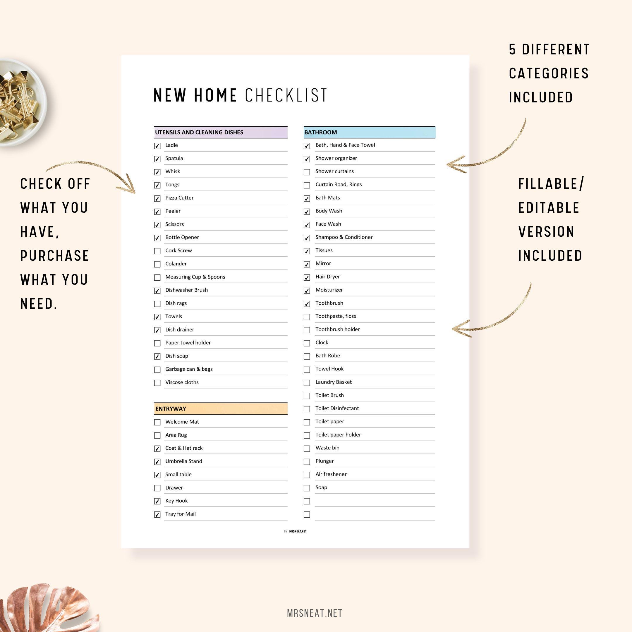PRINTABLE New Home Essentials Checklist: A4 (FILLABLE PDF) - Etsy Australia