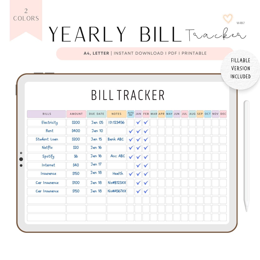 Fillable Yearly Bill Payment Tracker Printable Bill Tracker Bill Fillable yearly bill payment tracker printable bill tracker bill