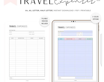 FILLABLE Travel Expense Tracker: Vacation Budgeting PRINTABLE, 2 Colors (Digital Download)