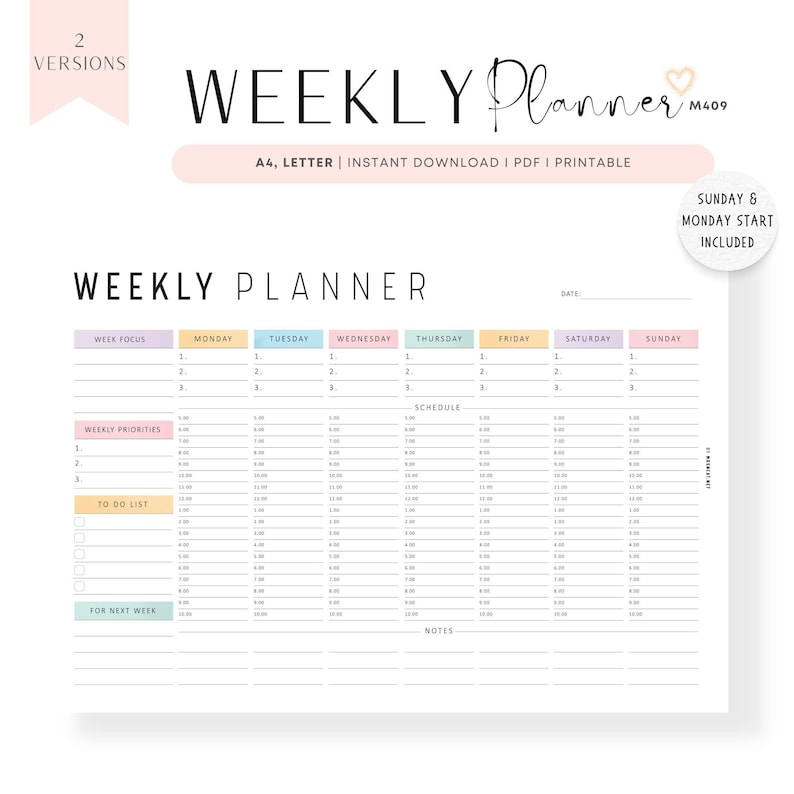 Colorful Weekly Hourly Planner PRINTABLE: A4, Letter (FILLABLE PDF) - Etsy