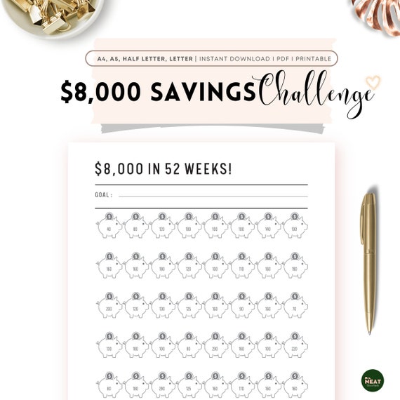 Fillable 8000 Money Savings Challenge Printable in 52 Weeks
