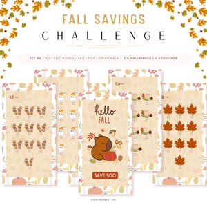 Könnte beinhalten: Druckbare Spar-Challenges zum Thema Herbst mit herbstlichen Illustrationen. Designs umfassen Socken, Geister, ein Capybara mit Kürbis, Tassen und Ahornblätter. Der Text enthält "Fall Savings Challenge" und "Hello Fall".