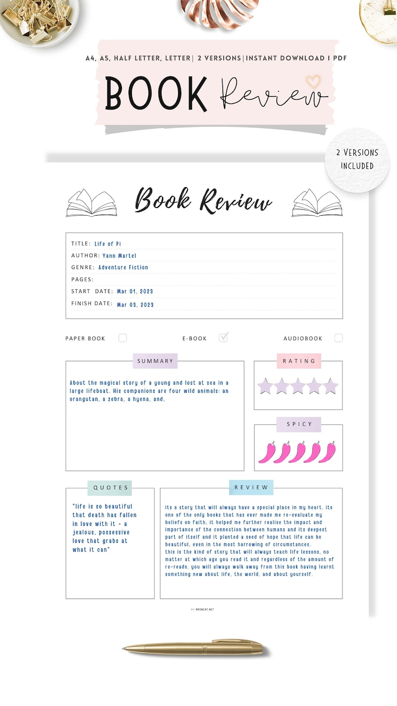 Book Review Template PRINTABLE, Book Review Journal, Book Review Page, Reading Journal Page, 4 Versions, A4, A5, Letter, Half Letter, PDF