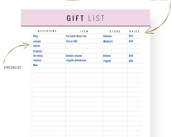 Printable Gift List Template, Fillable PDF, 5 Colors