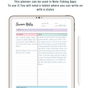 Digital fillable Christian sermon notes journal displayed on tablet for Bible study and church sermon tracking