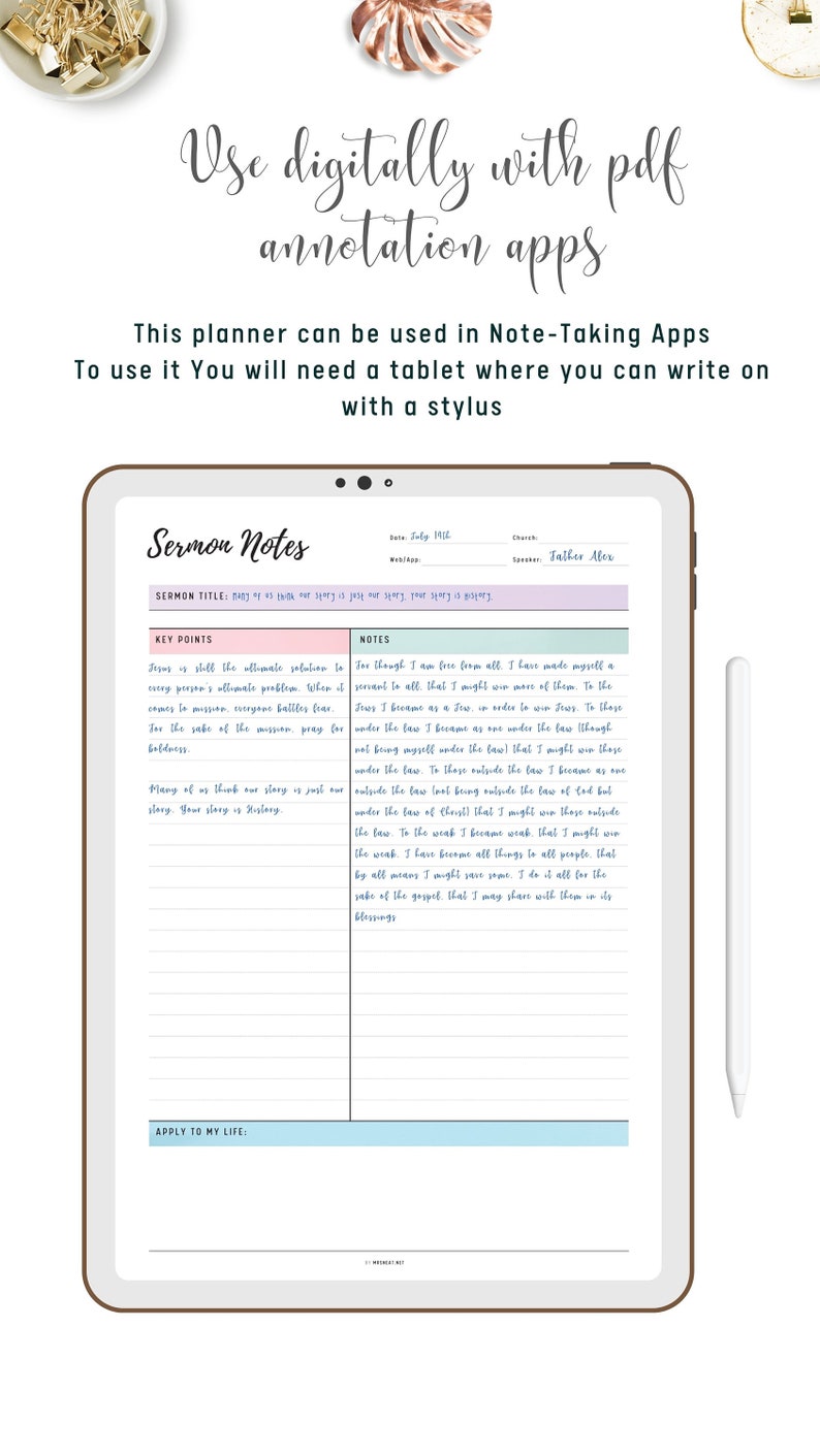 Digital fillable Christian sermon notes journal displayed on tablet for Bible study and church sermon tracking