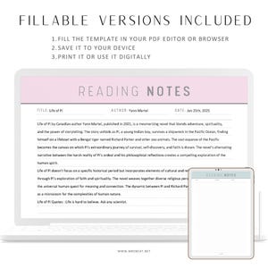 Fillable Reading Notes Template Printable, Reading Notes Pages, Pdf, A4 ...