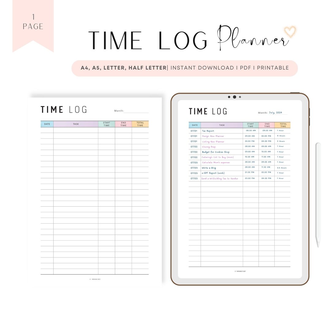 Time Management Planner Printable, Time Log Template, Monthly Time Log ...