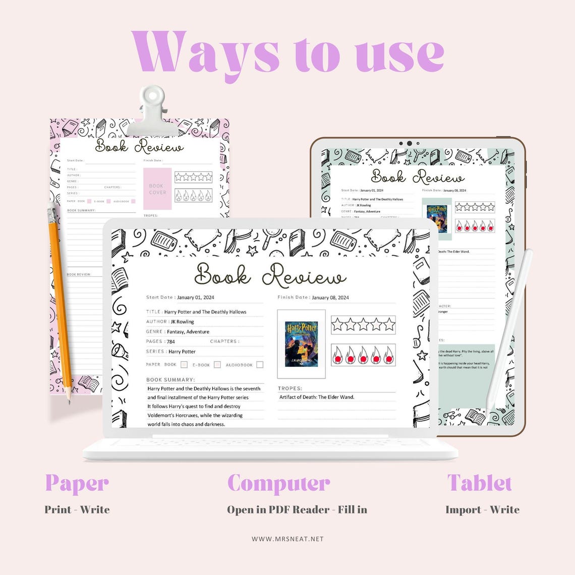 FILLABLE Book Review Template PRINTABLE PDF: Reading Journal (A4, A5 ...