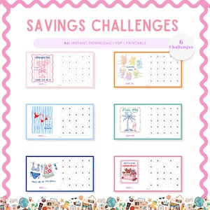 May include: A set of six printable savings challenges, each with a different theme, such as margaritas and beach scenes. The text "SAVINGS CHALLENGES" is at the top, with "A6 INSTANT DOWNLOAD I PDF I PRINTABLE" below. Each challenge has a series of circles to fill.