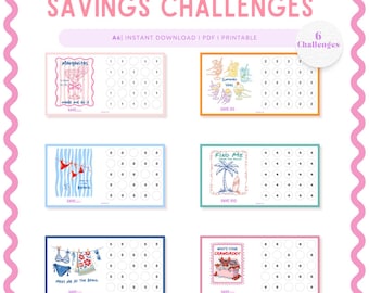 Set of Six Summer Vacation Mini Savings Challenge Printable, A6, Low Income Budgeting, PDF