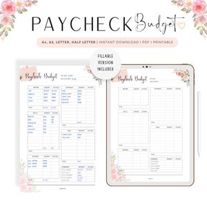 Floral Gehaltscheck Budget Vorlage zum ausdrucken, monatlicher Budgetplaner, ausfüllbarer zweiwöchentlicher Planer, A4, A5 Letter, Half Letter, PDF