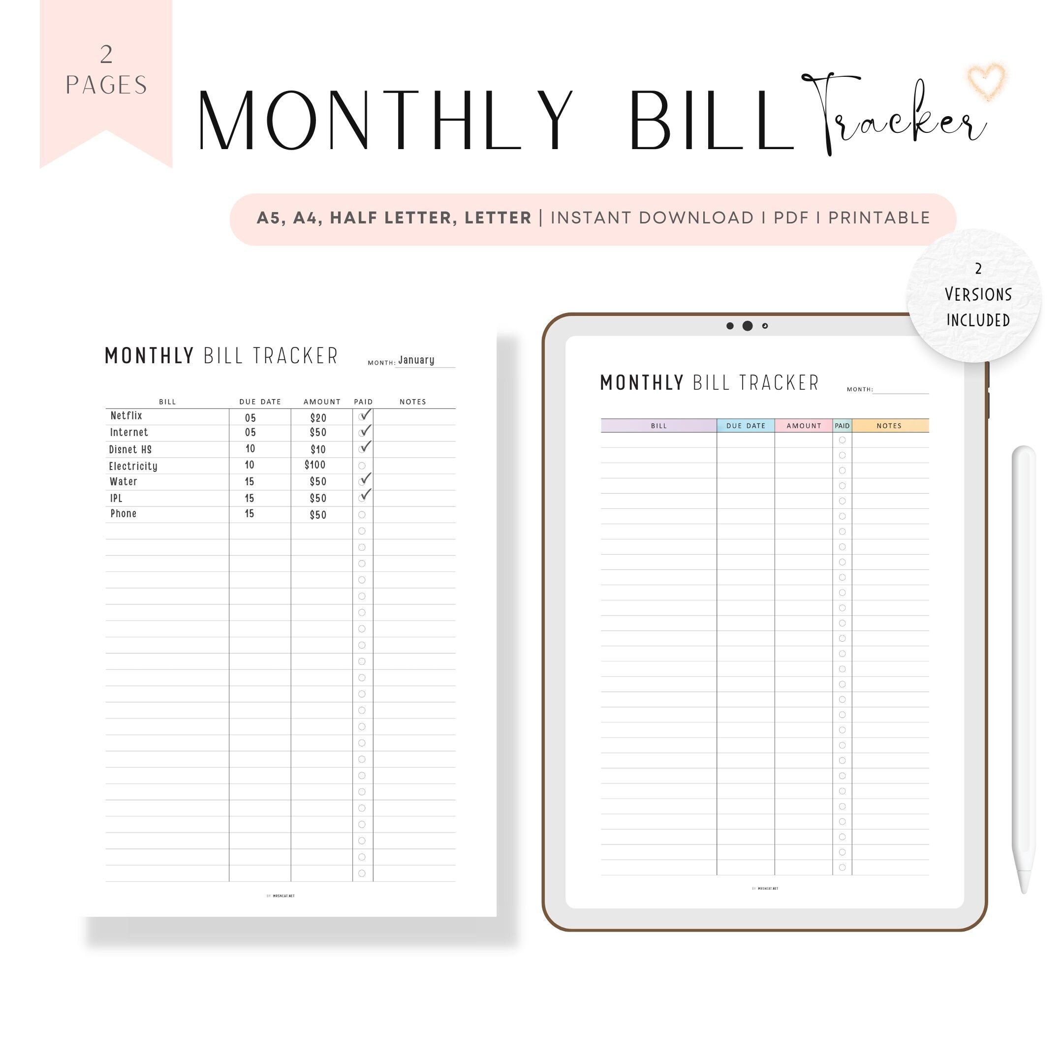 Monthly Bill Tracker Printable, Bill Payment Checklist, Bill Organizer, Bill Reminder, Budget Planner, A4, A5, Letter, Half Letter, 2 colors