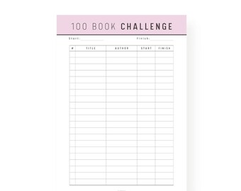 May include: A printable 100 Book Challenge reading log sheet with a pink header. The document features columns for number, title, author, start date, and finish date. Text at the top reads A4, A5, HALF LETTER, LETTER, INSTANT DOWNLOAD, PDF, PRINTABLE, FILLABLE, 2 PAGES, 5 COLOR.