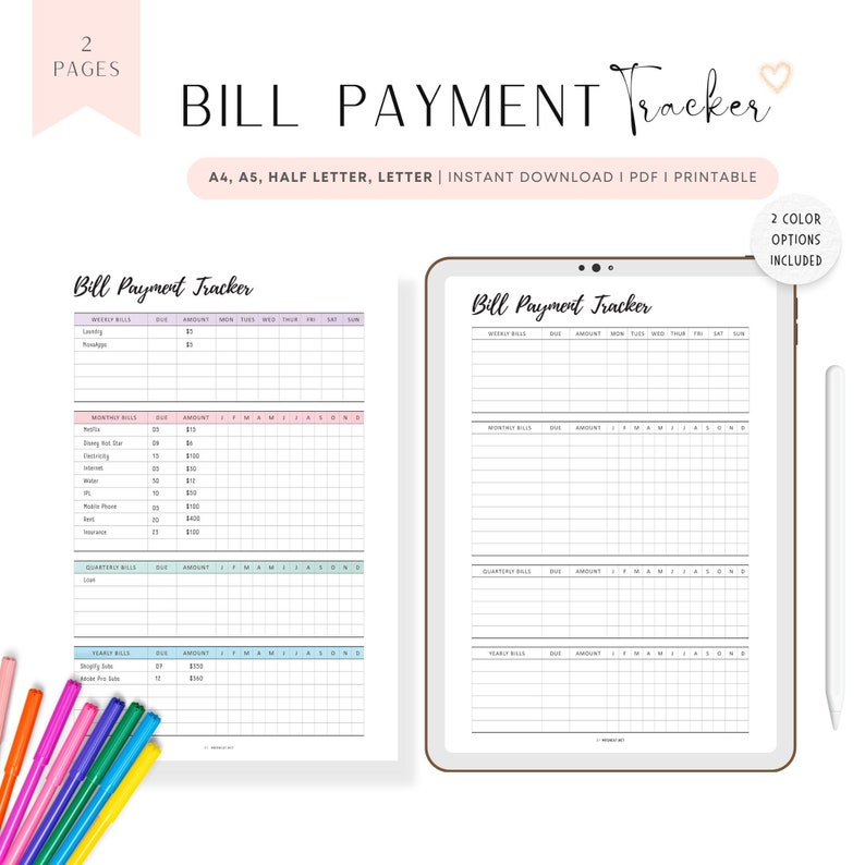 Bill Payment Tracker Printable, Bill Tracker Template, Weekly Monthly ...