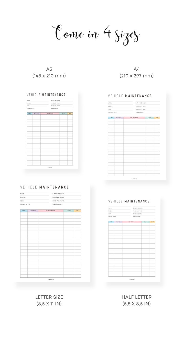 Colorful Vehicle Maintenance Printable, Vehicle Maintenance Log, PDF ...
